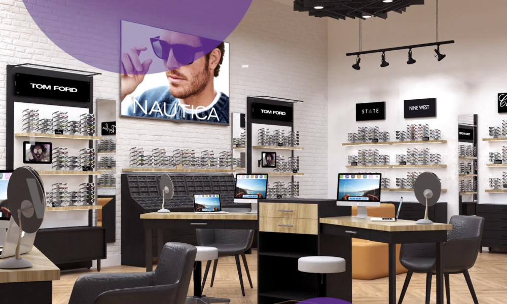 OMG! optical dispensary design rendering with frame displays and digital signage